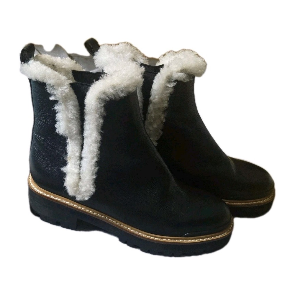 Marc Fisher LTD Black Leather Shearling Lined Ankle Boots Lug Sole Women Size 6